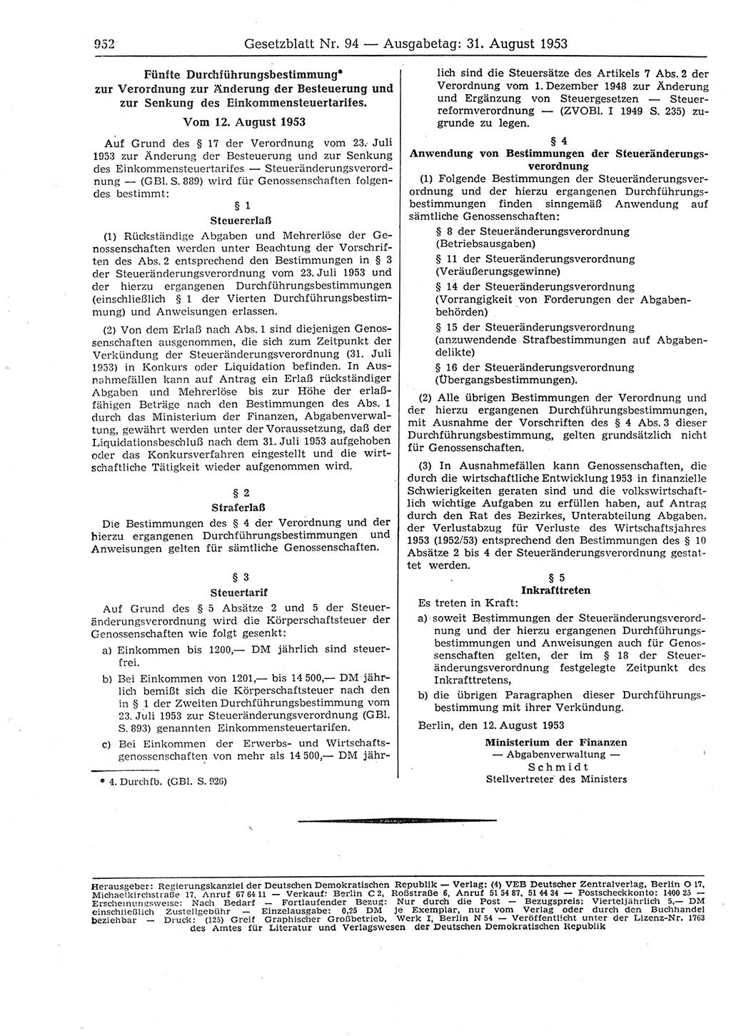 Gesetzblatt (GBl.) der Deutschen Demokratischen Republik (DDR) 1953, Seite 952 (GBl. DDR 1953, S. 952)