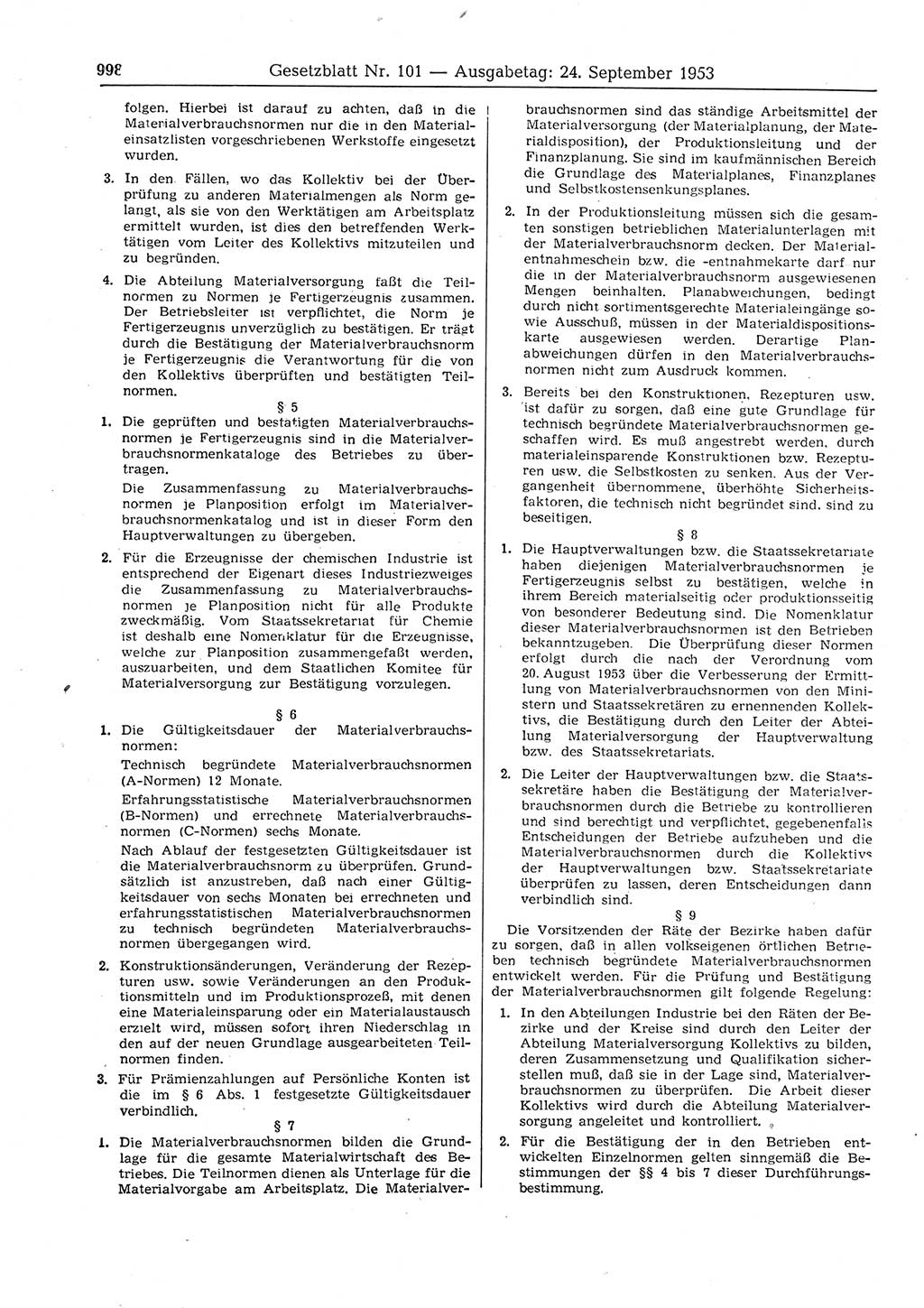 Gesetzblatt (GBl.) der Deutschen Demokratischen Republik (DDR) 1953, Seite 998 (GBl. DDR 1953, S. 998)