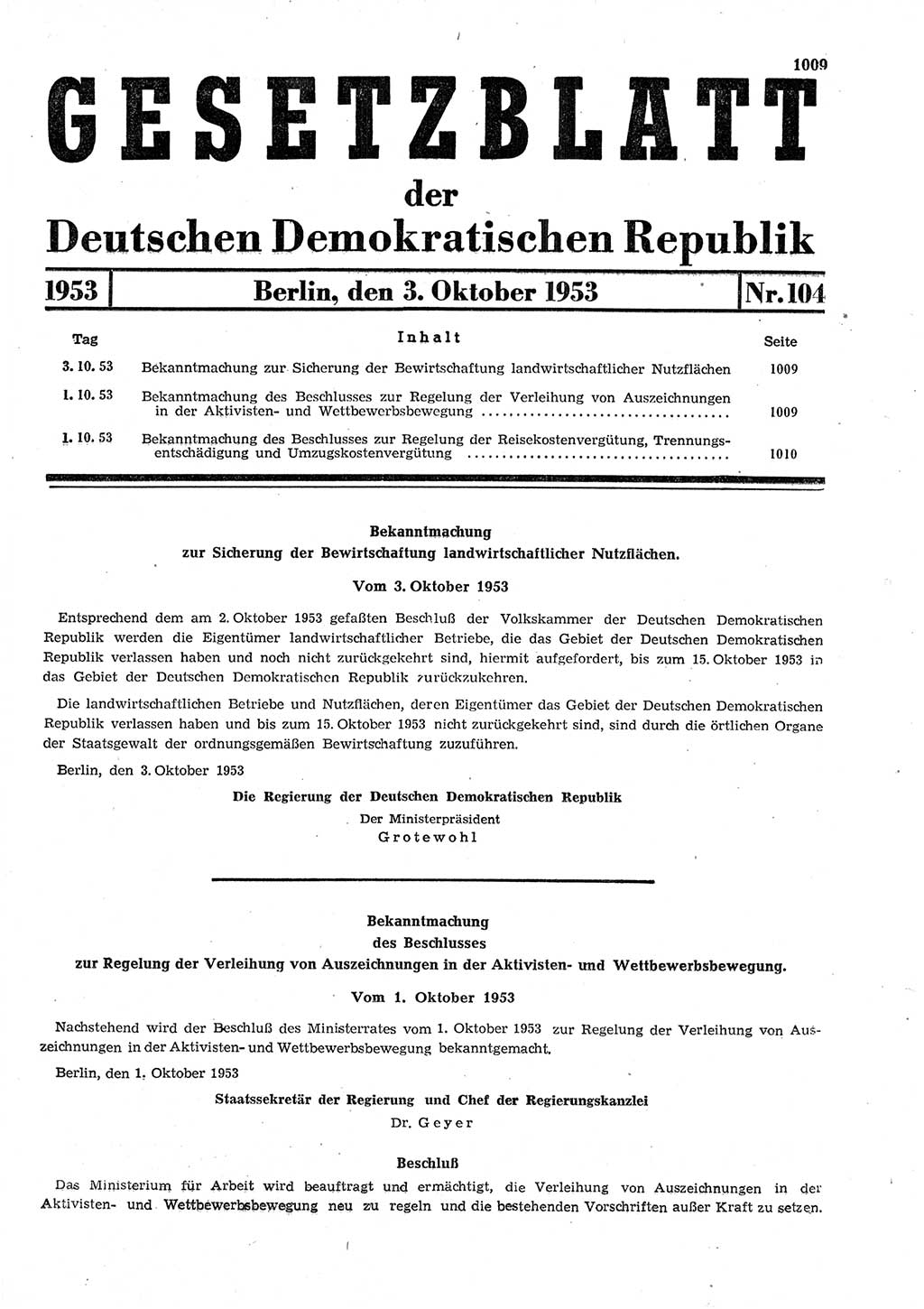 Gesetzblatt (GBl.) der Deutschen Demokratischen Republik (DDR) 1953, Seite 1009 (GBl. DDR 1953, S. 1009)