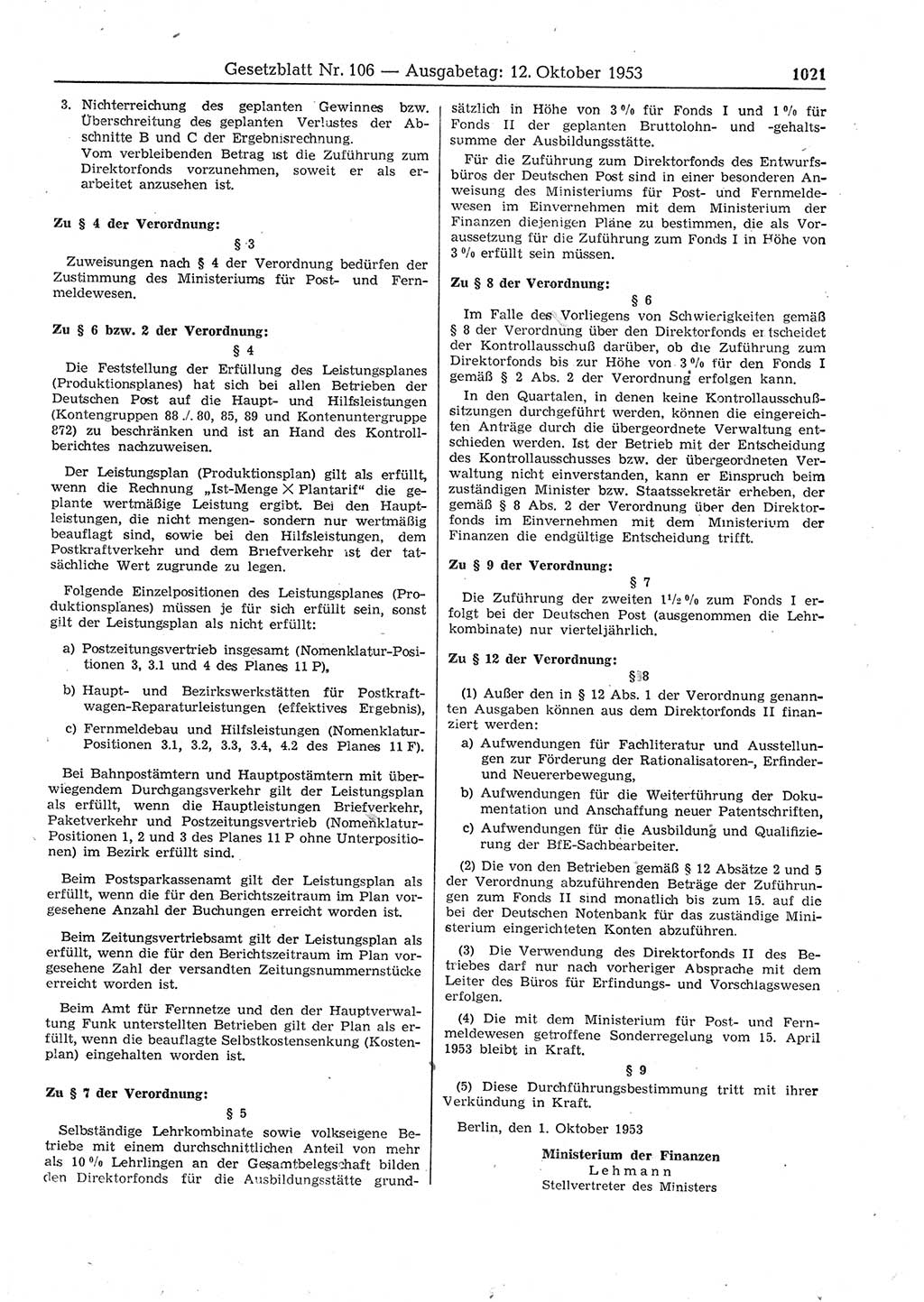 Gesetzblatt (GBl.) der Deutschen Demokratischen Republik (DDR) 1953, Seite 1021 (GBl. DDR 1953, S. 1021)