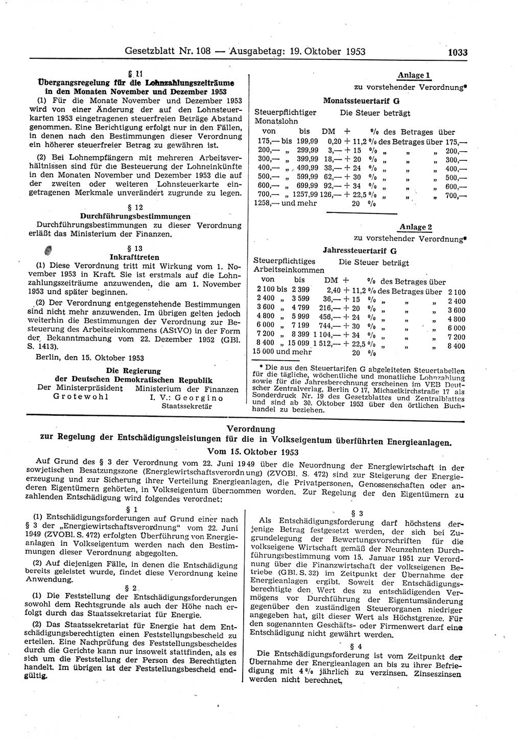 Gesetzblatt (GBl.) der Deutschen Demokratischen Republik (DDR) 1953, Seite 1033 (GBl. DDR 1953, S. 1033)
