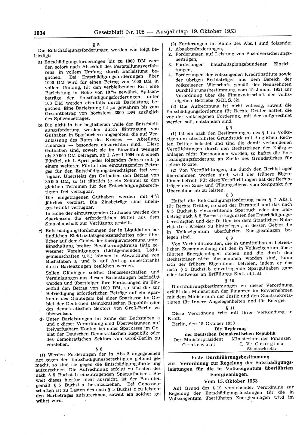 Gesetzblatt (GBl.) der Deutschen Demokratischen Republik (DDR) 1953, Seite 1034 (GBl. DDR 1953, S. 1034)