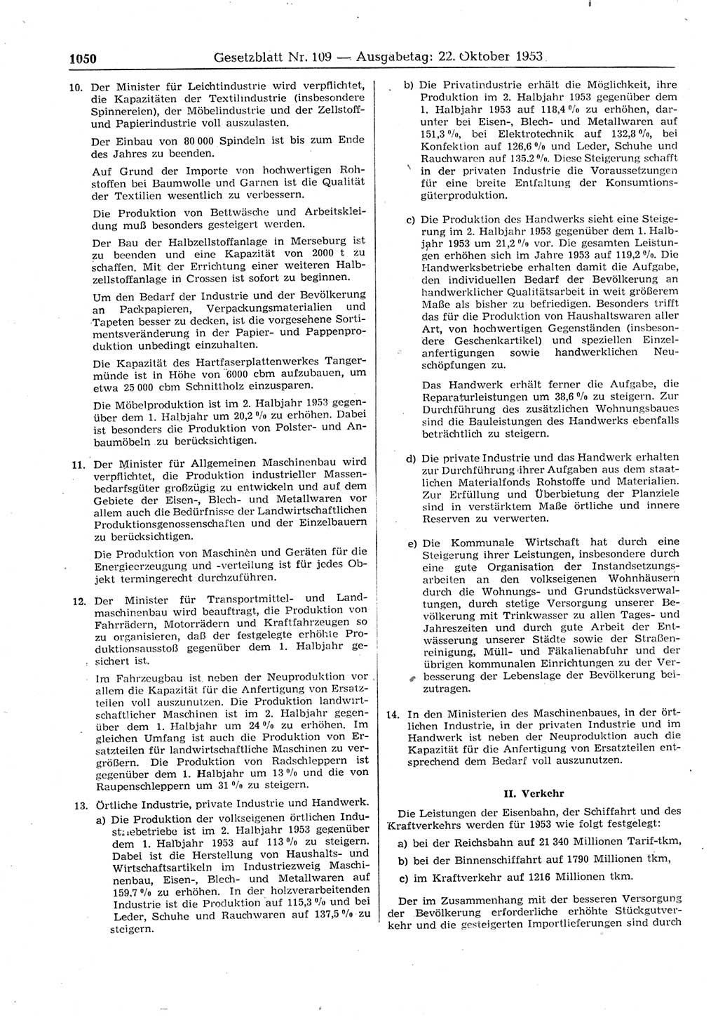 Gesetzblatt (GBl.) der Deutschen Demokratischen Republik (DDR) 1953, Seite 1050 (GBl. DDR 1953, S. 1050)