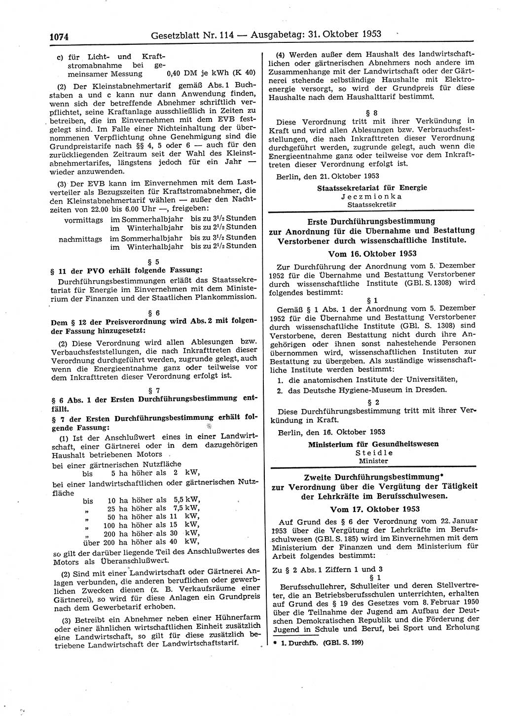 Gesetzblatt (GBl.) der Deutschen Demokratischen Republik (DDR) 1953, Seite 1074 (GBl. DDR 1953, S. 1074)