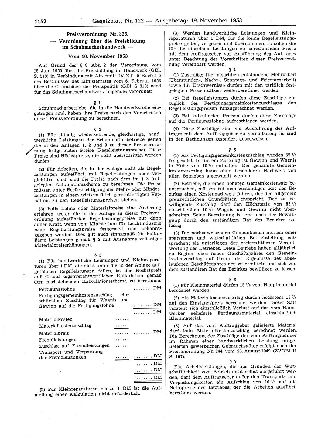 Gesetzblatt (GBl.) der Deutschen Demokratischen Republik (DDR) 1953, Seite 1152 (GBl. DDR 1953, S. 1152)