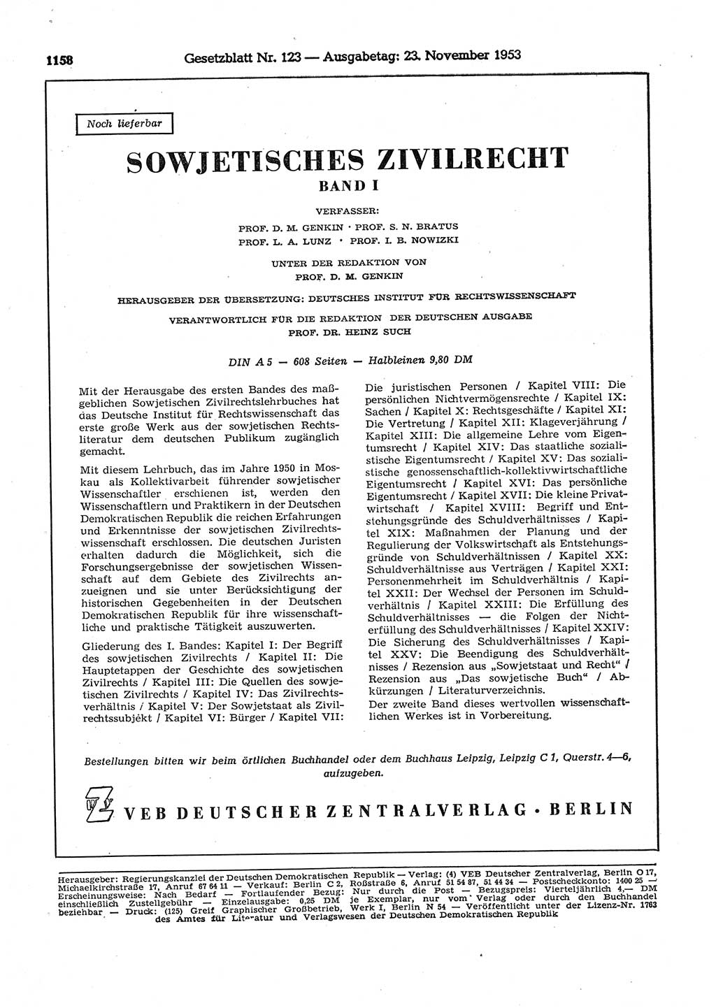 Gesetzblatt (GBl.) der Deutschen Demokratischen Republik (DDR) 1953, Seite 1158 (GBl. DDR 1953, S. 1158)