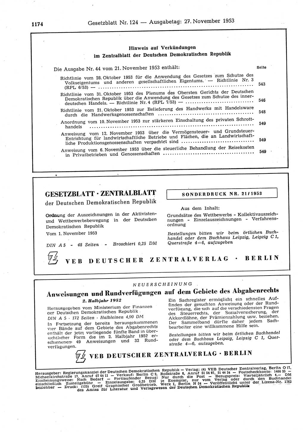 Gesetzblatt (GBl.) der Deutschen Demokratischen Republik (DDR) 1953, Seite 1174 (GBl. DDR 1953, S. 1174)