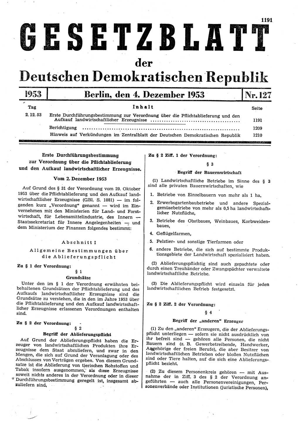 Gesetzblatt (GBl.) der Deutschen Demokratischen Republik (DDR) 1953, Seite 1191 (GBl. DDR 1953, S. 1191)