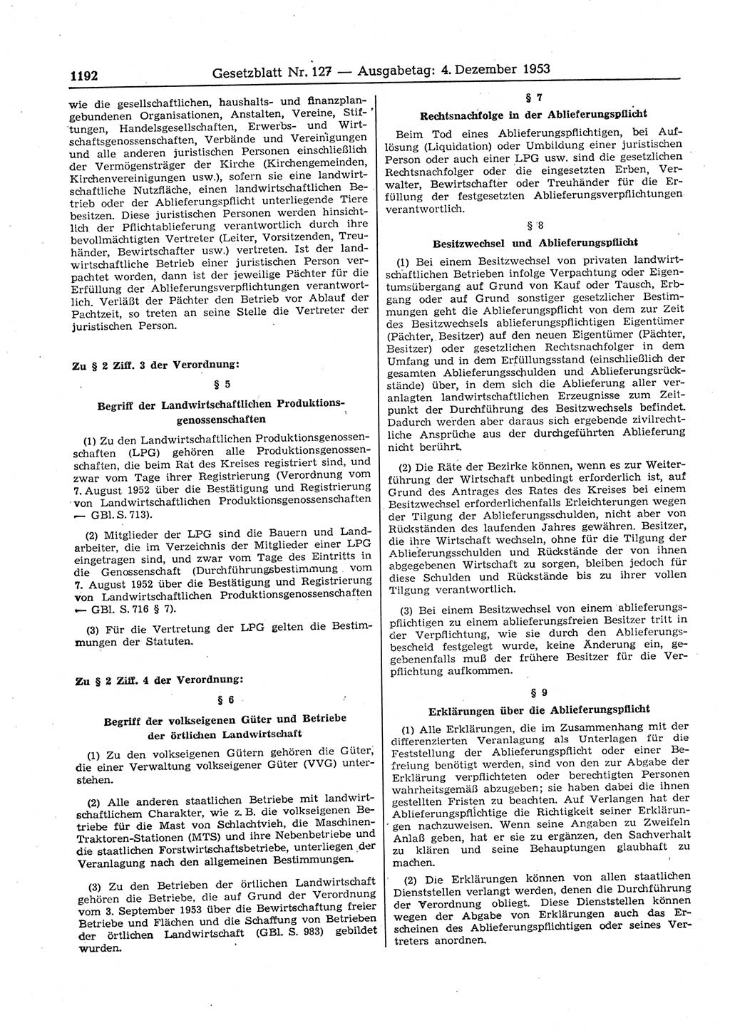 Gesetzblatt (GBl.) der Deutschen Demokratischen Republik (DDR) 1953, Seite 1192 (GBl. DDR 1953, S. 1192)