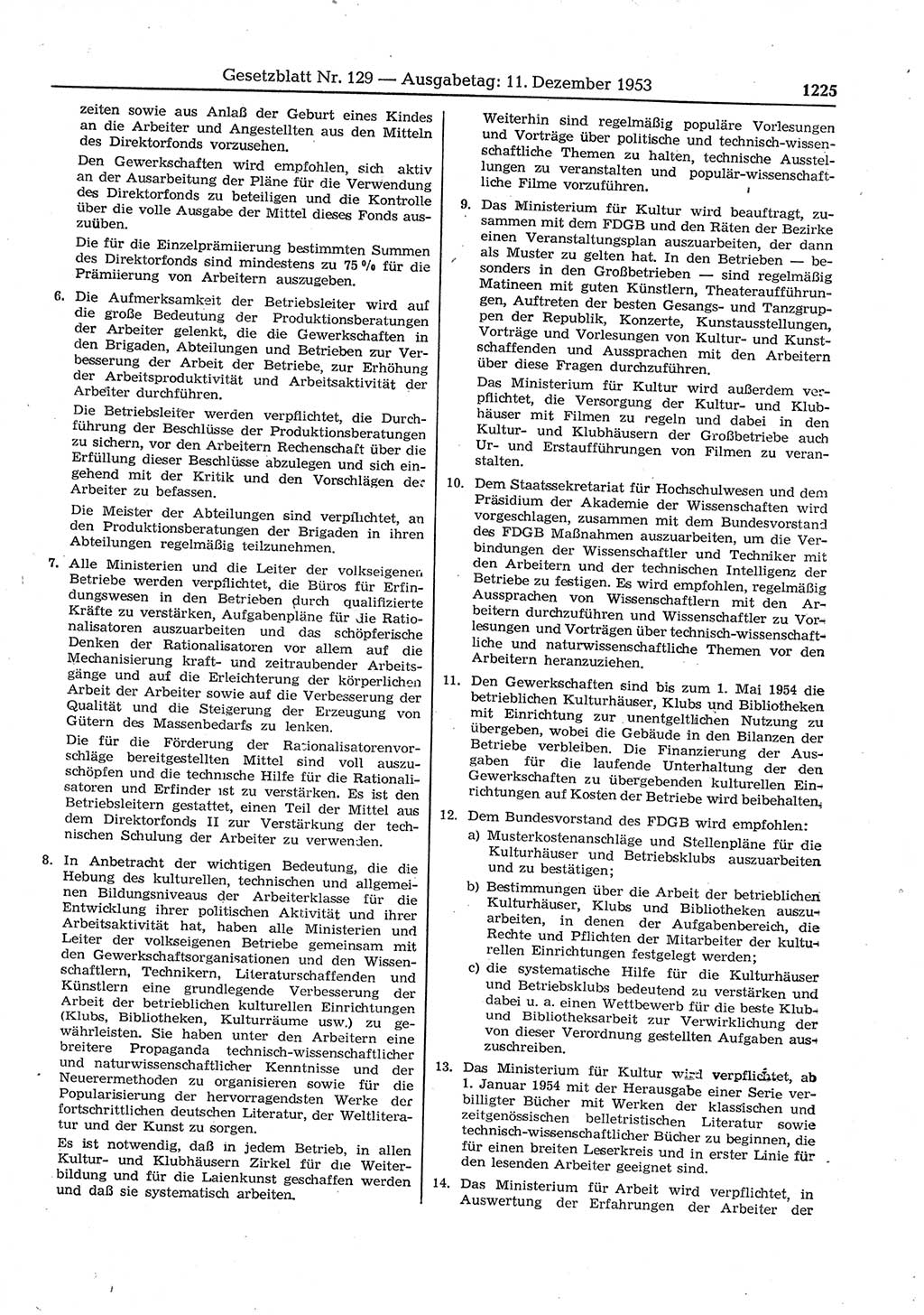 Gesetzblatt (GBl.) der Deutschen Demokratischen Republik (DDR) 1953, Seite 1225 (GBl. DDR 1953, S. 1225)