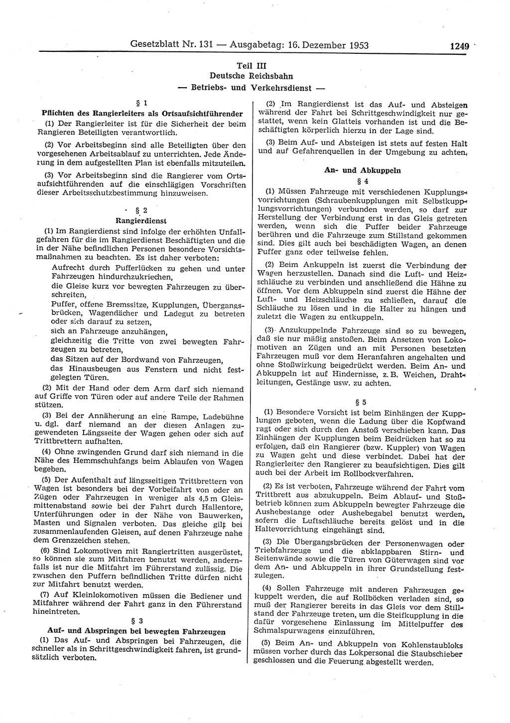 Gesetzblatt (GBl.) der Deutschen Demokratischen Republik (DDR) 1953, Seite 1249 (GBl. DDR 1953, S. 1249)