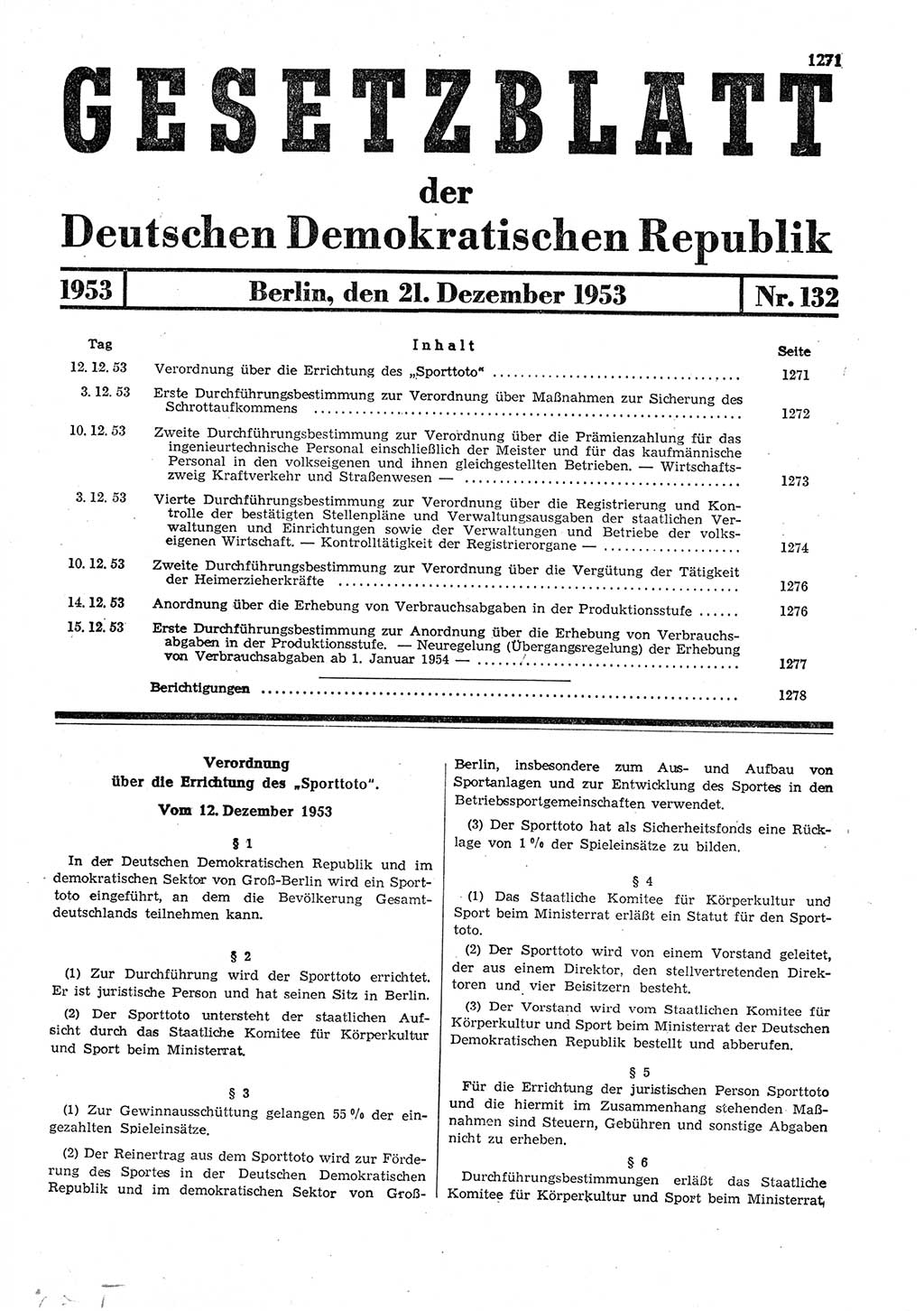 Gesetzblatt (GBl.) der Deutschen Demokratischen Republik (DDR) 1953, Seite 1271 (GBl. DDR 1953, S. 1271)