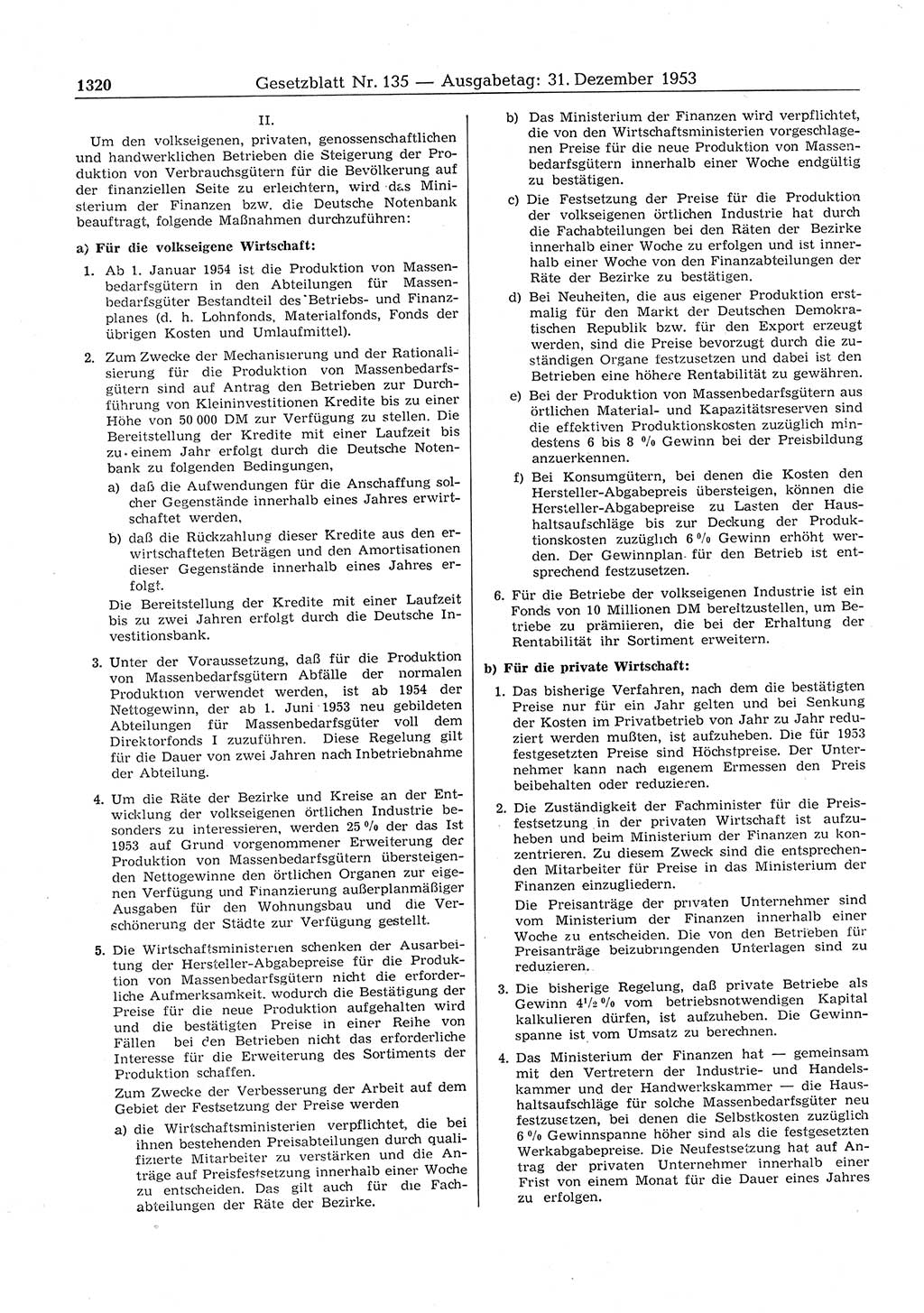 Gesetzblatt (GBl.) der Deutschen Demokratischen Republik (DDR) 1953, Seite 1320 (GBl. DDR 1953, S. 1320)