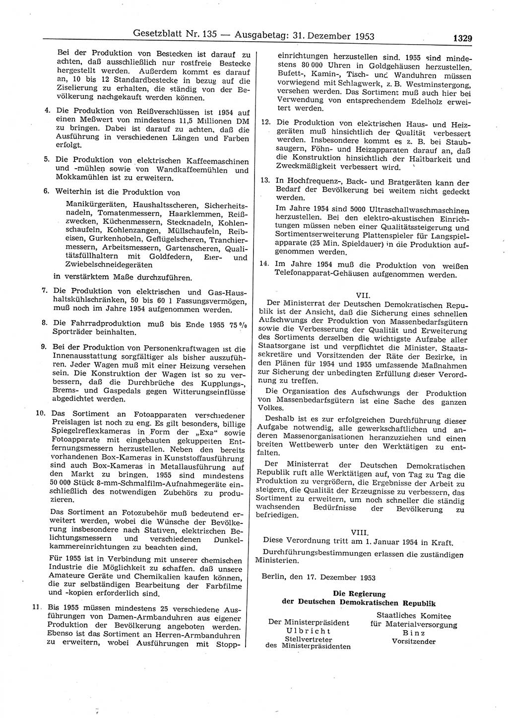 Gesetzblatt (GBl.) der Deutschen Demokratischen Republik (DDR) 1953, Seite 1329 (GBl. DDR 1953, S. 1329)