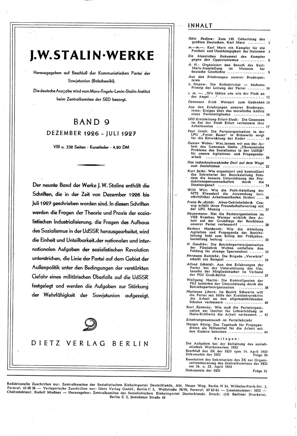 Neuer Weg (NW), Organ des Zentralkomitees (ZK) [Sozialistische Einheitspartei Deutschlands (SED)] für alle Parteiarbeiter, 8. Jahrgang [Deutsche Demokratische Republik (DDR)] 1953, Heft 9/45 (NW ZK SED DDR 1953, H. 9/45)