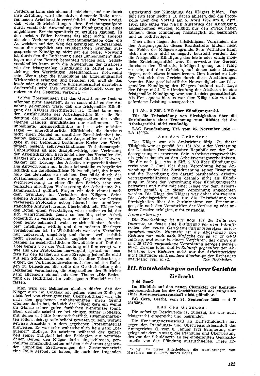 Neue Justiz (NJ), Zeitschrift für Recht und Rechtswissenschaft [Deutsche Demokratische Republik (DDR)], 7. Jahrgang 1953, Seite 123 (NJ DDR 1953, S. 123)