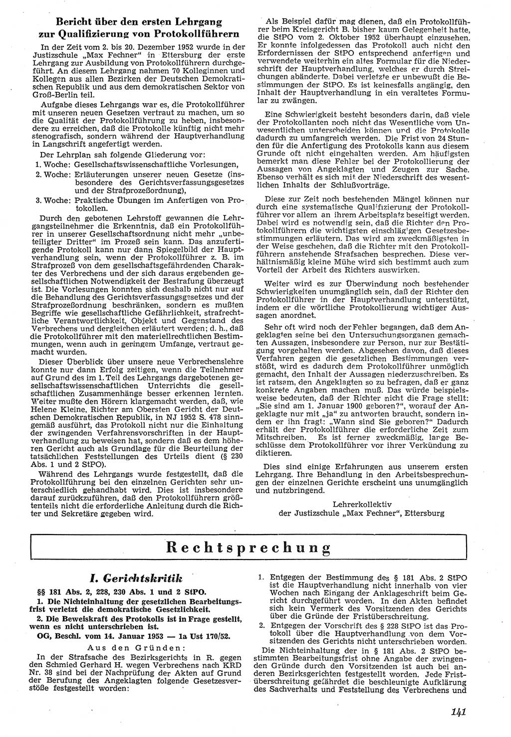 Neue Justiz (NJ), Zeitschrift für Recht und Rechtswissenschaft [Deutsche Demokratische Republik (DDR)], 7. Jahrgang 1953, Seite 141 (NJ DDR 1953, S. 141)