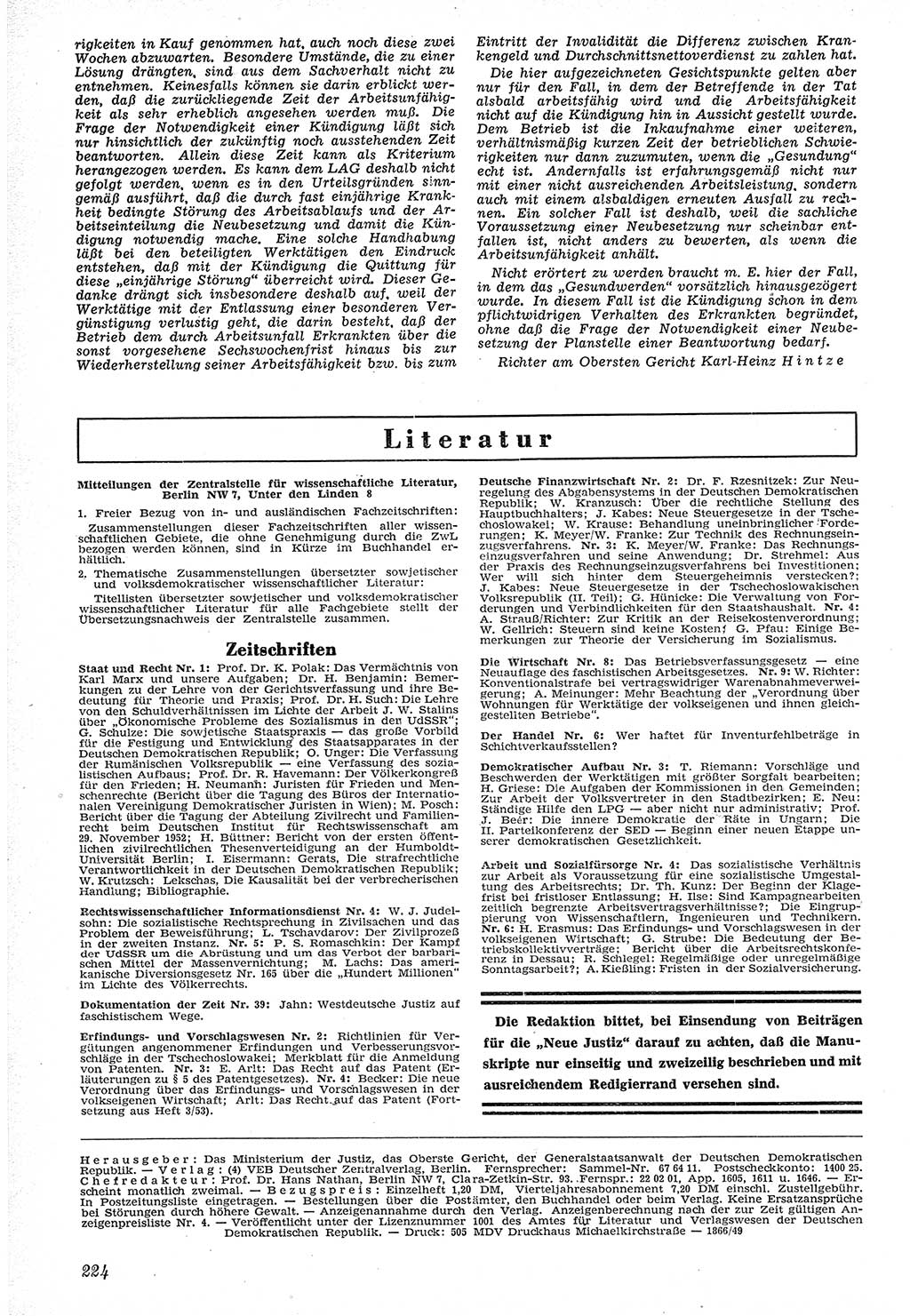 Neue Justiz (NJ), Zeitschrift für Recht und Rechtswissenschaft [Deutsche Demokratische Republik (DDR)], 7. Jahrgang 1953, Seite 224 (NJ DDR 1953, S. 224)