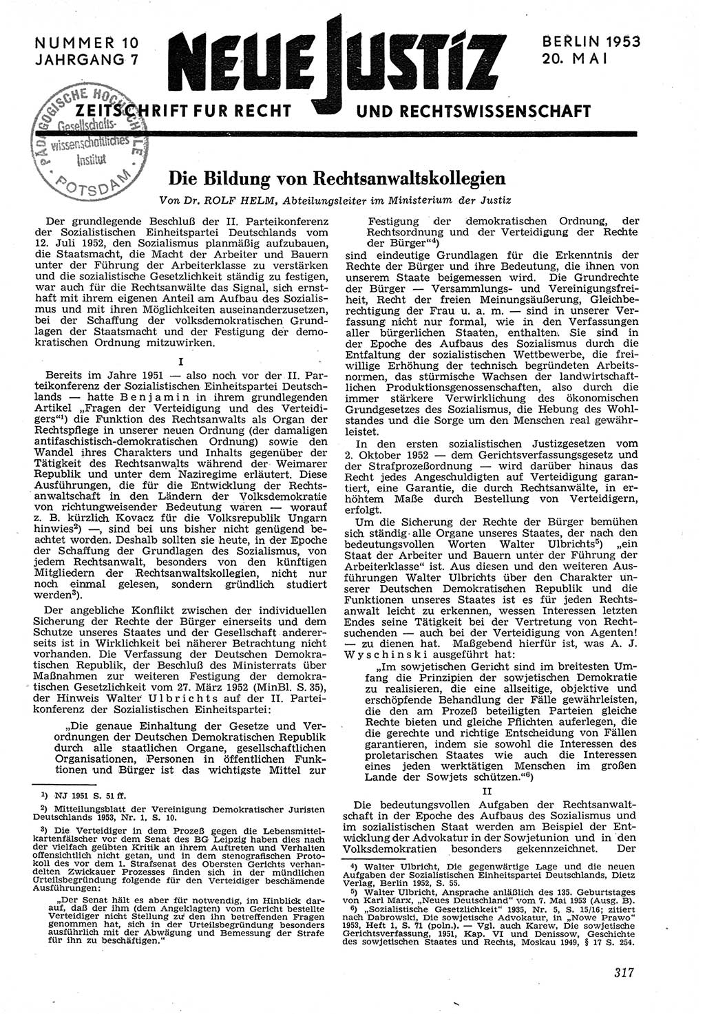 Neue Justiz (NJ), Zeitschrift für Recht und Rechtswissenschaft [Deutsche Demokratische Republik (DDR)], 7. Jahrgang 1953, Seite 317 (NJ DDR 1953, S. 317)