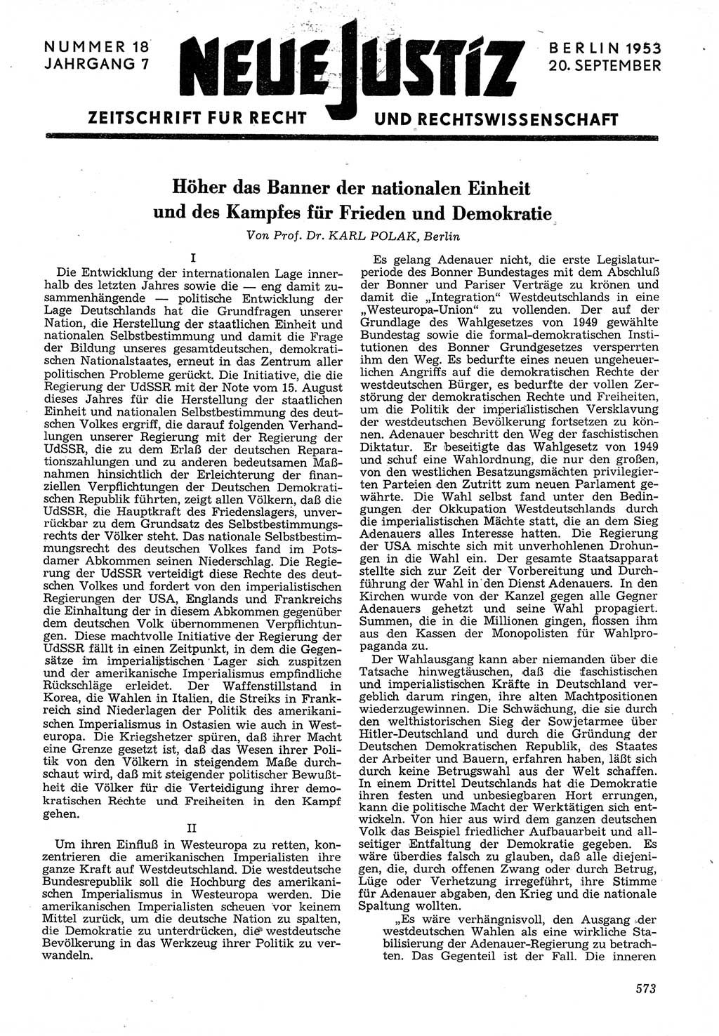 Neue Justiz (NJ), Zeitschrift für Recht und Rechtswissenschaft [Deutsche Demokratische Republik (DDR)], 7. Jahrgang 1953, Seite 573 (NJ DDR 1953, S. 573)