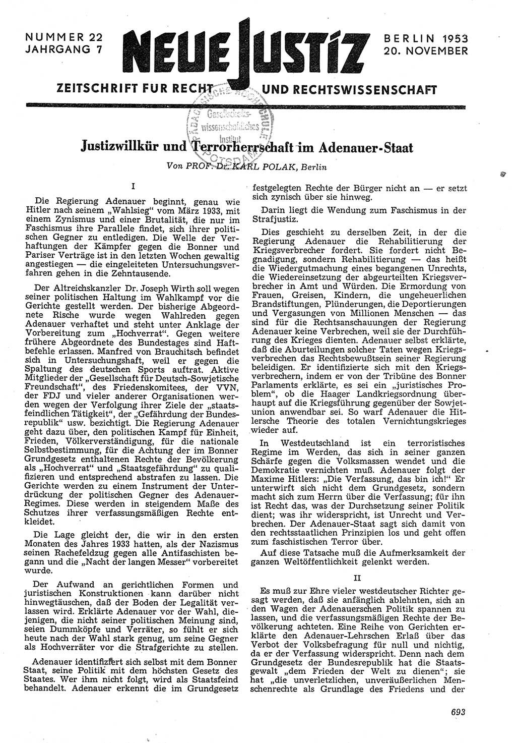 Neue Justiz (NJ), Zeitschrift für Recht und Rechtswissenschaft [Deutsche Demokratische Republik (DDR)], 7. Jahrgang 1953, Seite 693 (NJ DDR 1953, S. 693)