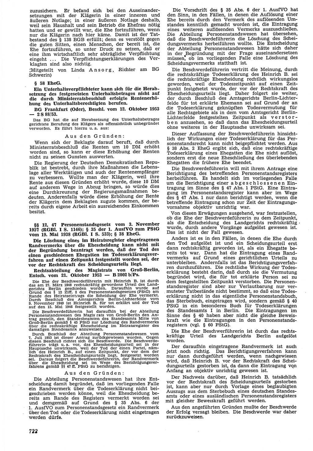 Neue Justiz (NJ), Zeitschrift für Recht und Rechtswissenschaft [Deutsche Demokratische Republik (DDR)], 7. Jahrgang 1953, Seite 722 (NJ DDR 1953, S. 722)