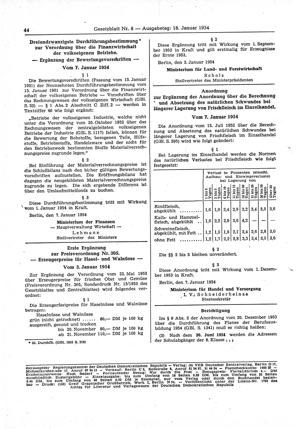 Gesetzblatt (GBl.) der Deutschen Demokratischen Republik (DDR) 1954, Seite 44 (GBl. DDR 1954, S. 44)