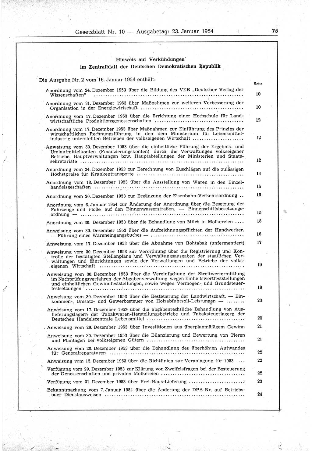 Gesetzblatt (GBl.) der Deutschen Demokratischen Republik (DDR) 1954, Seite 75 (GBl. DDR 1954, S. 75)