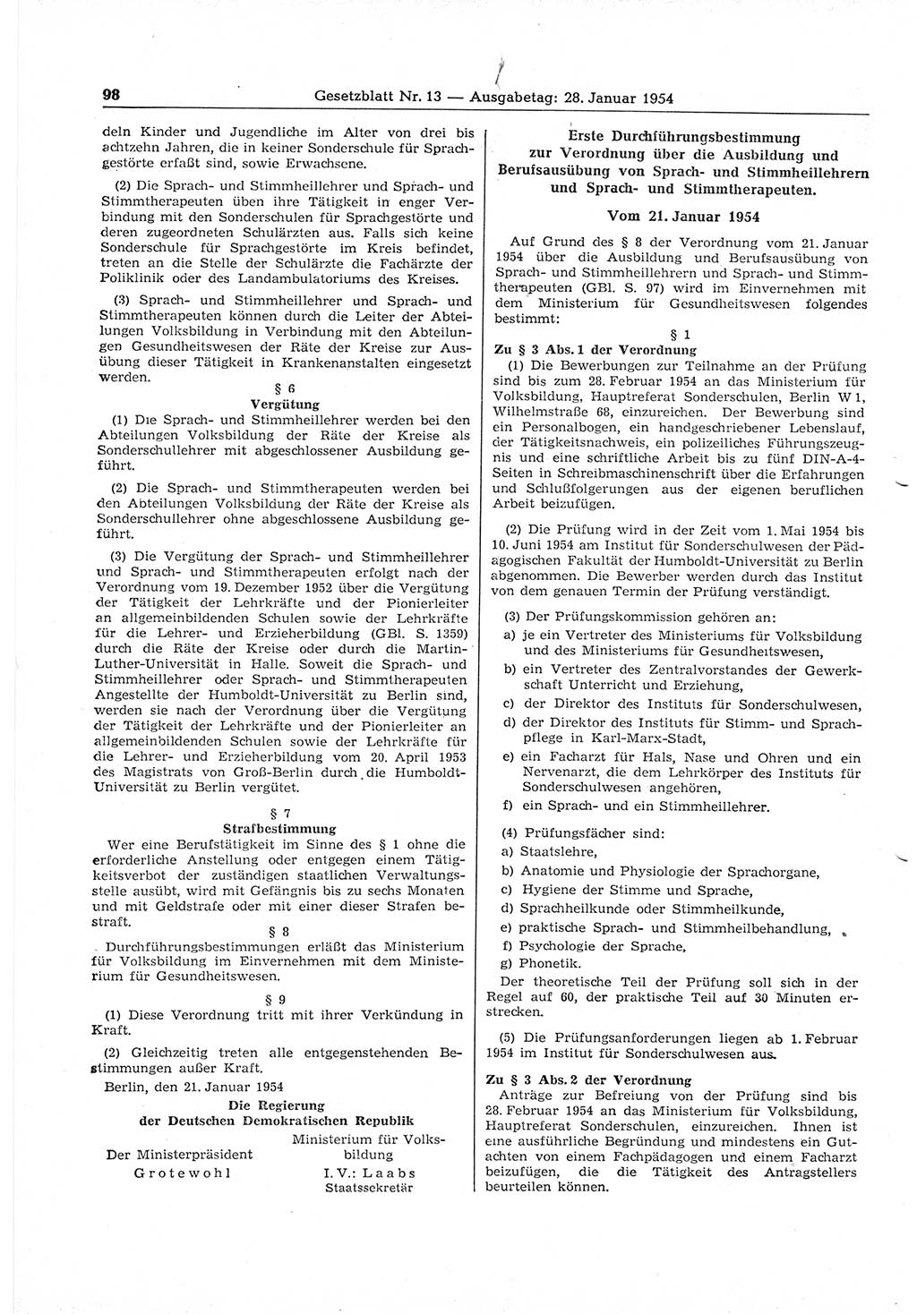 Gesetzblatt (GBl.) der Deutschen Demokratischen Republik (DDR) 1954, Seite 98 (GBl. DDR 1954, S. 98)