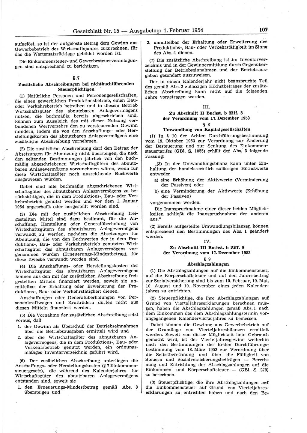 Gesetzblatt (GBl.) der Deutschen Demokratischen Republik (DDR) 1954, Seite 107 (GBl. DDR 1954, S. 107)