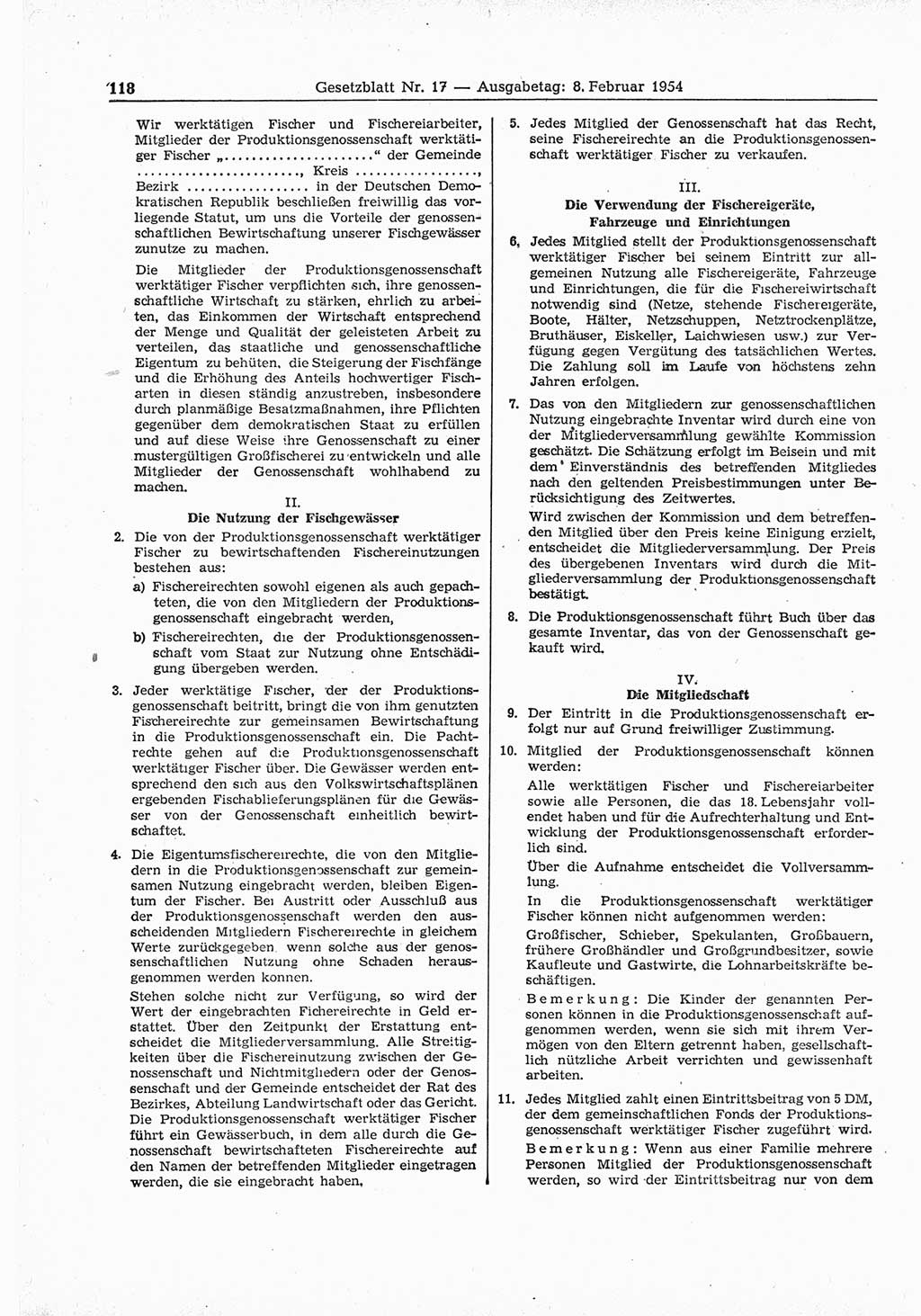 Gesetzblatt (GBl.) der Deutschen Demokratischen Republik (DDR) 1954, Seite 118 (GBl. DDR 1954, S. 118)