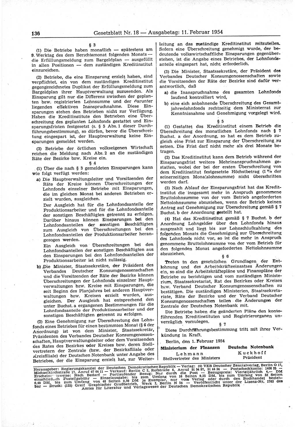 Gesetzblatt (GBl.) der Deutschen Demokratischen Republik (DDR) 1954, Seite 136 (GBl. DDR 1954, S. 136)