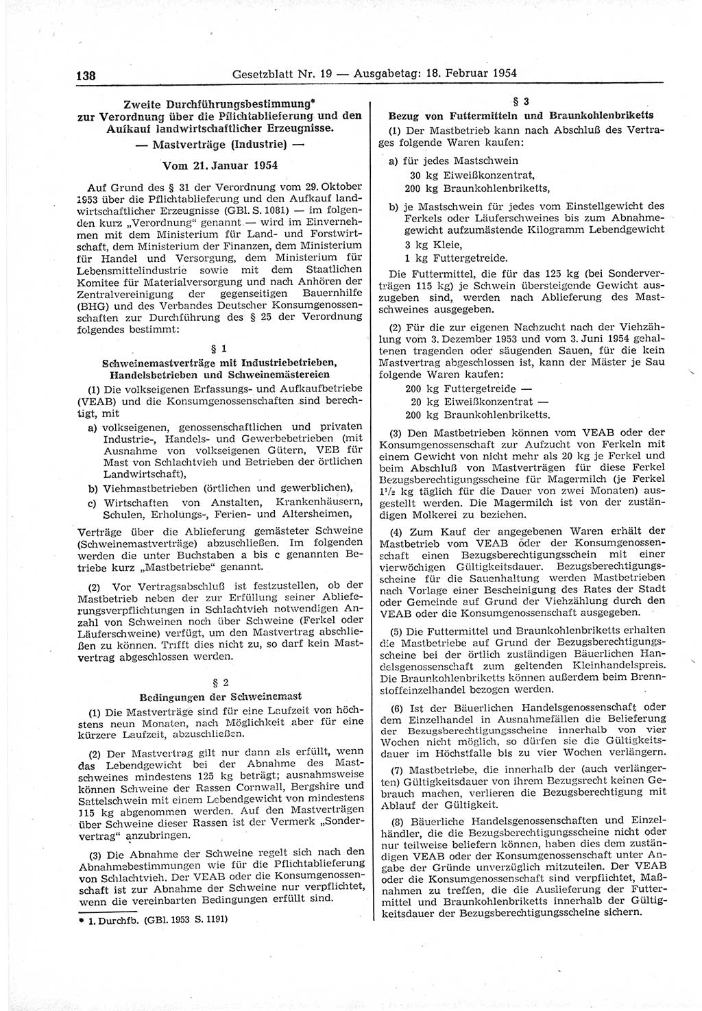 Gesetzblatt (GBl.) der Deutschen Demokratischen Republik (DDR) 1954, Seite 138 (GBl. DDR 1954, S. 138)