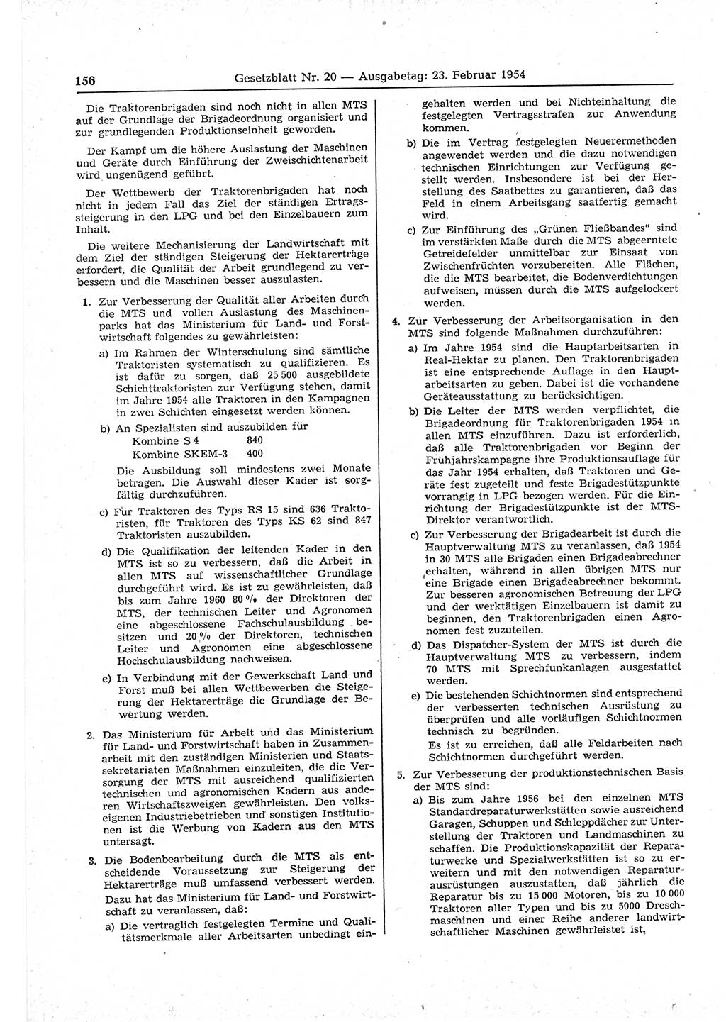 Gesetzblatt (GBl.) der Deutschen Demokratischen Republik (DDR) 1954, Seite 156 (GBl. DDR 1954, S. 156)