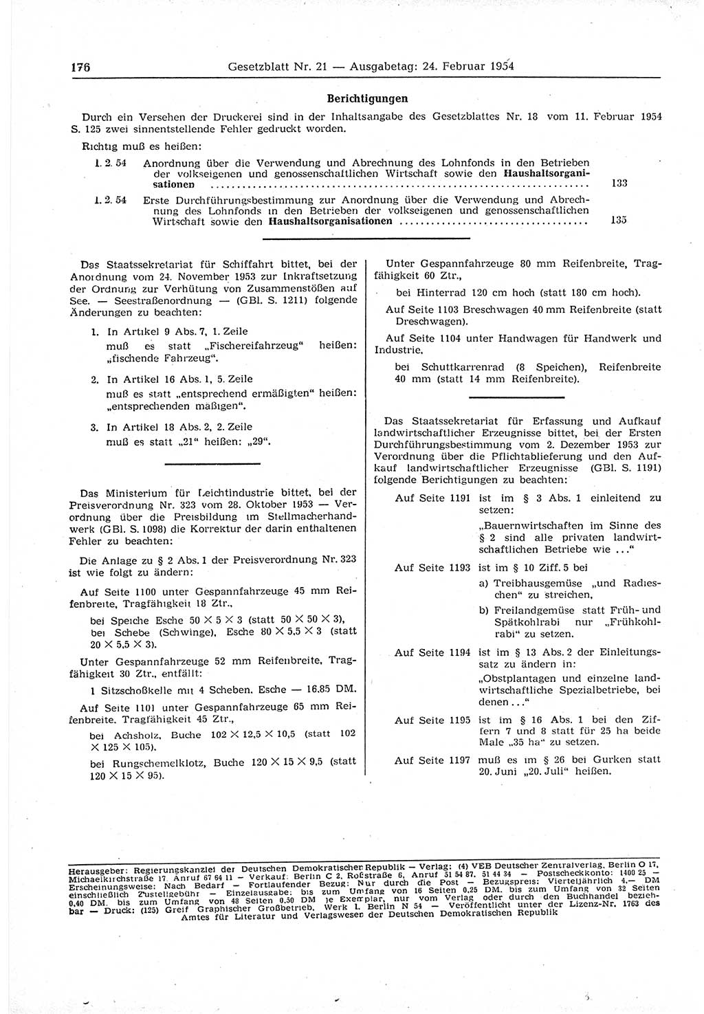 Gesetzblatt (GBl.) der Deutschen Demokratischen Republik (DDR) 1954, Seite 176 (GBl. DDR 1954, S. 176)