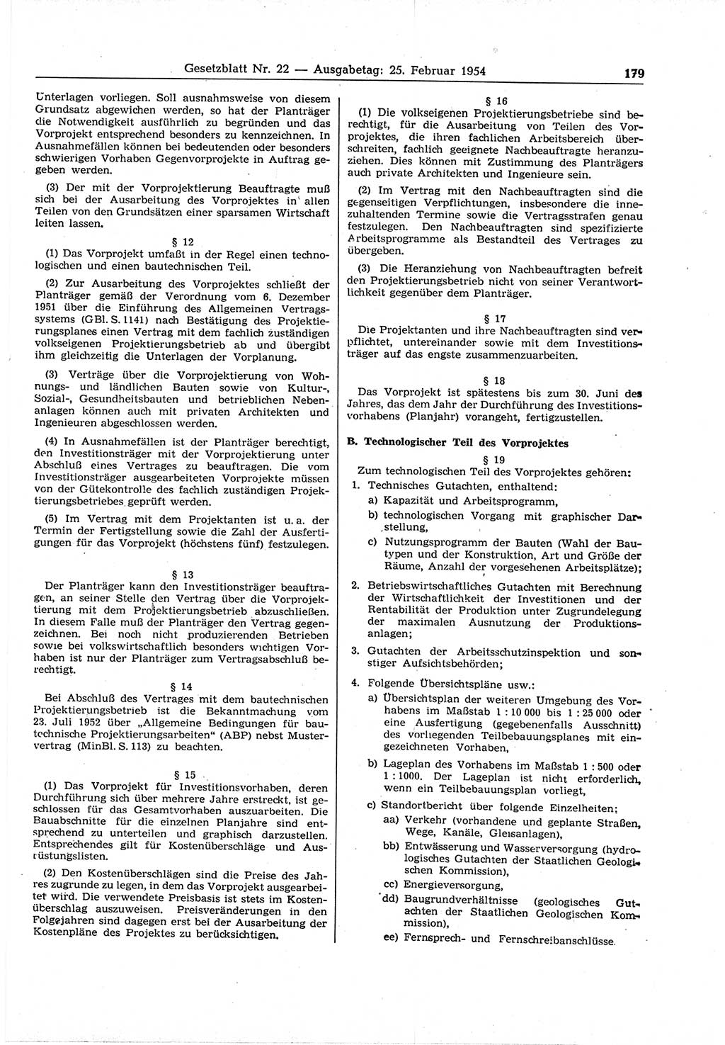 Gesetzblatt (GBl.) der Deutschen Demokratischen Republik (DDR) 1954, Seite 179 (GBl. DDR 1954, S. 179)