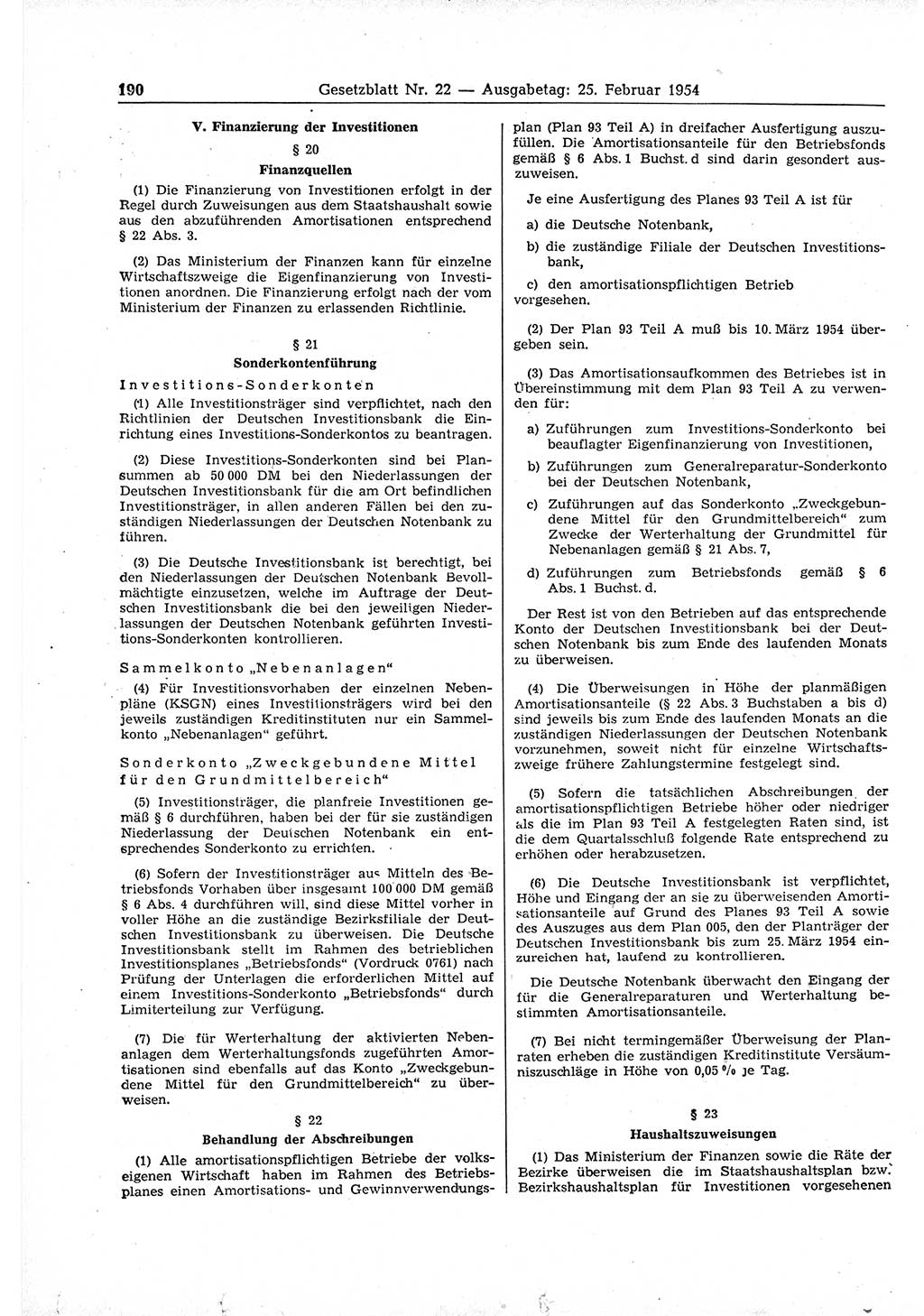 Gesetzblatt (GBl.) der Deutschen Demokratischen Republik (DDR) 1954, Seite 190 (GBl. DDR 1954, S. 190)