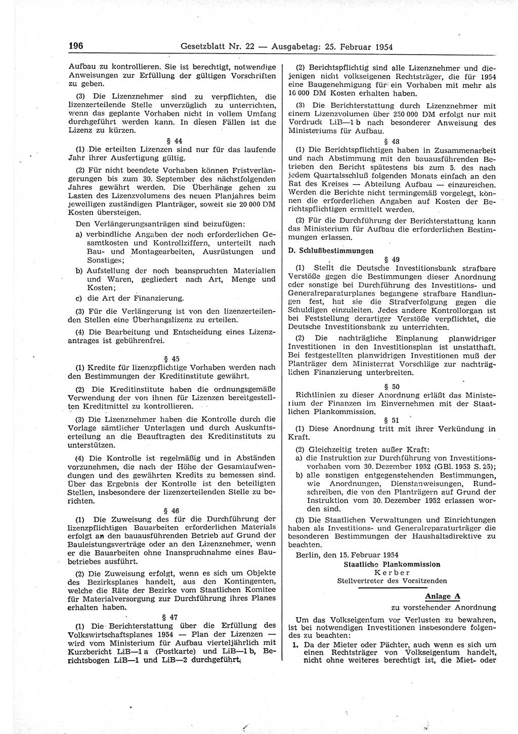 Gesetzblatt (GBl.) der Deutschen Demokratischen Republik (DDR) 1954, Seite 196 (GBl. DDR 1954, S. 196)