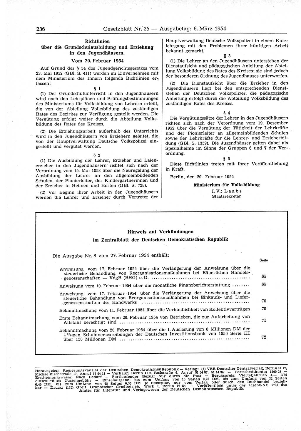 Gesetzblatt (GBl.) der Deutschen Demokratischen Republik (DDR) 1954, Seite 236 (GBl. DDR 1954, S. 236)