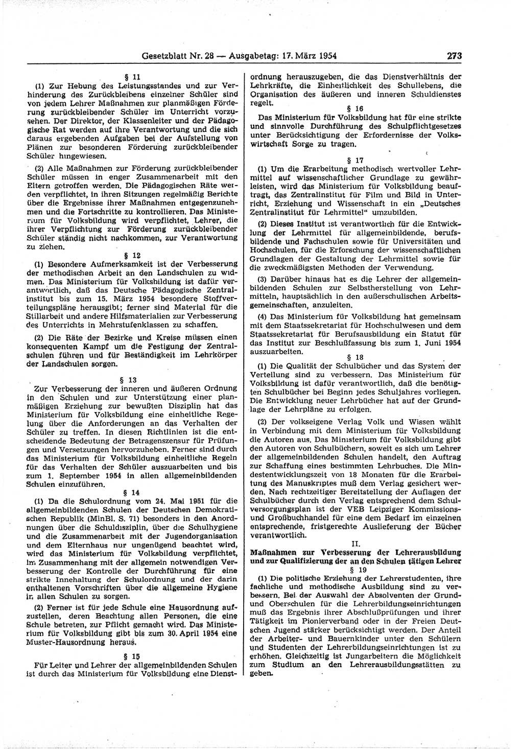 Gesetzblatt (GBl.) der Deutschen Demokratischen Republik (DDR) 1954, Seite 273 (GBl. DDR 1954, S. 273)