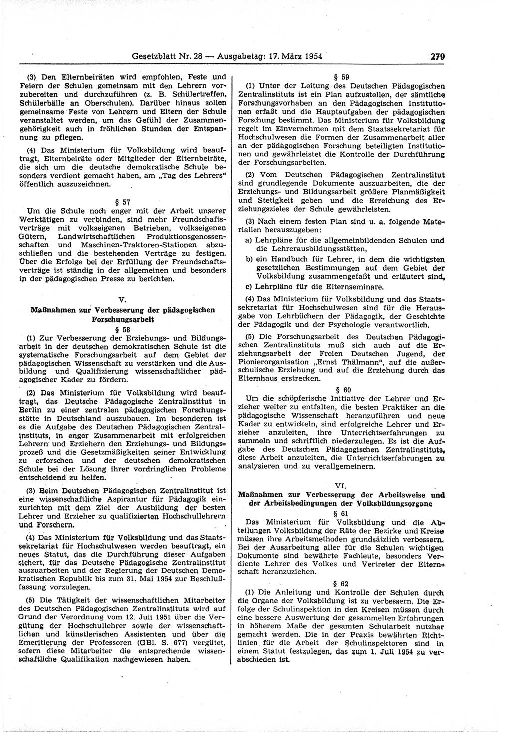 Gesetzblatt (GBl.) der Deutschen Demokratischen Republik (DDR) 1954, Seite 279 (GBl. DDR 1954, S. 279)