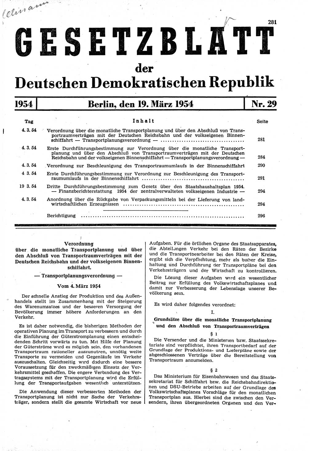 Gesetzblatt (GBl.) der Deutschen Demokratischen Republik (DDR) 1954, Seite 281 (GBl. DDR 1954, S. 281)
