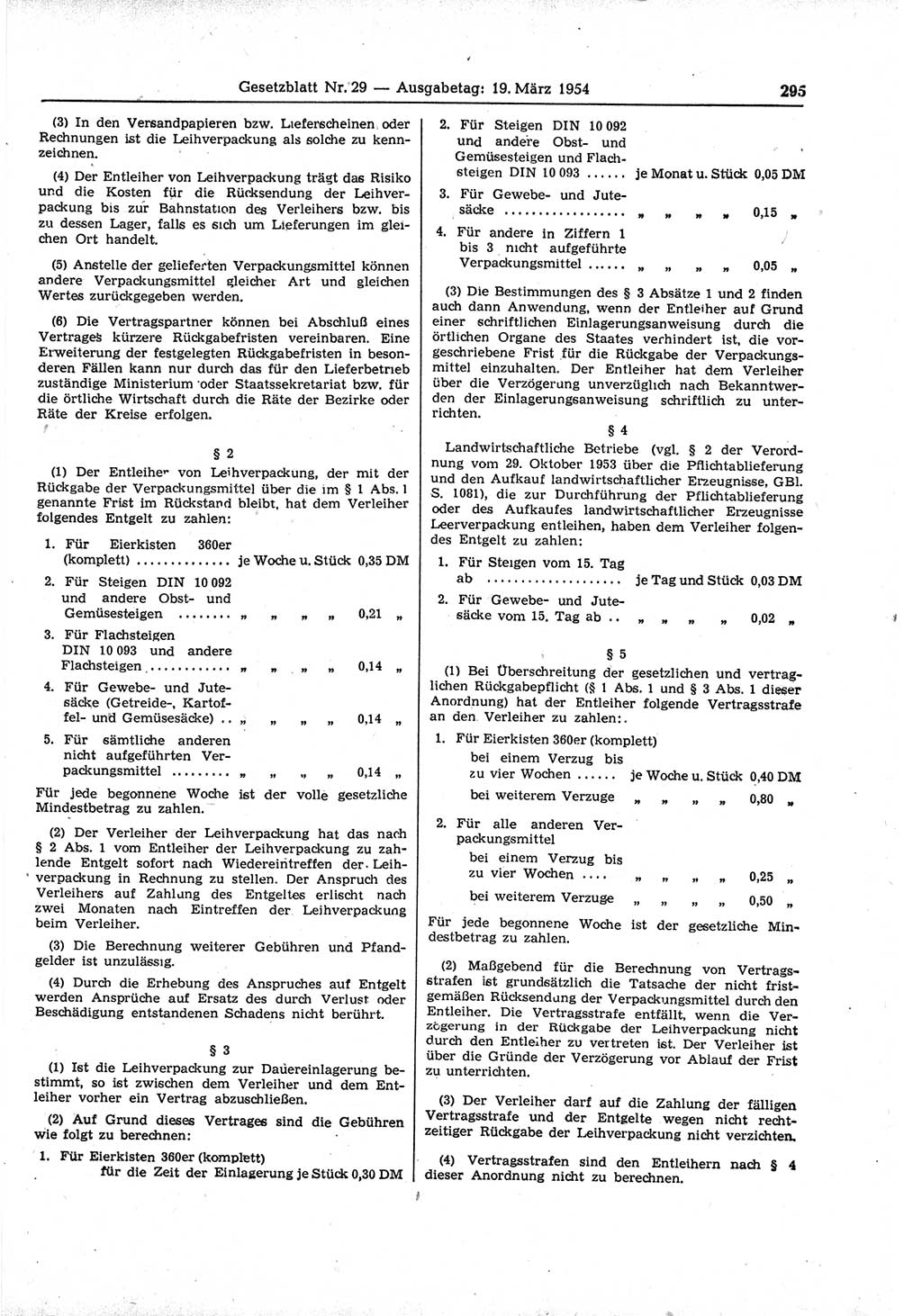 Gesetzblatt (GBl.) der Deutschen Demokratischen Republik (DDR) 1954, Seite 295 (GBl. DDR 1954, S. 295)