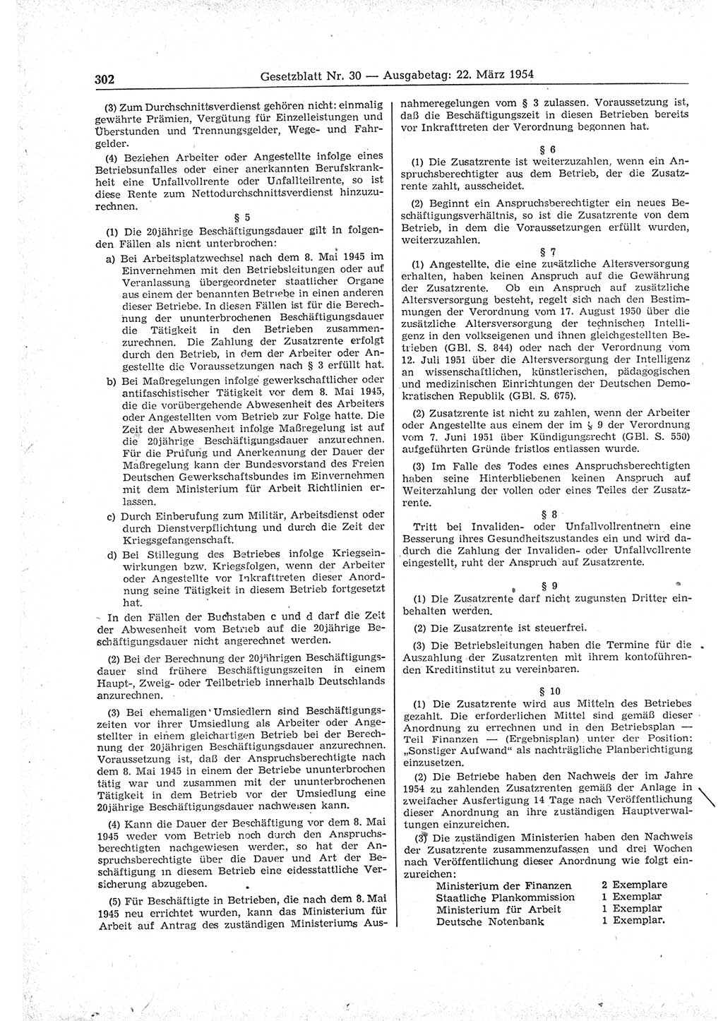 Gesetzblatt (GBl.) der Deutschen Demokratischen Republik (DDR) 1954, Seite 302 (GBl. DDR 1954, S. 302)