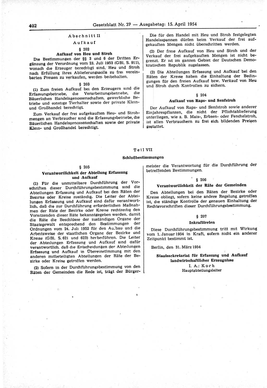 Gesetzblatt (GBl.) der Deutschen Demokratischen Republik (DDR) 1954, Seite 402 (GBl. DDR 1954, S. 402)