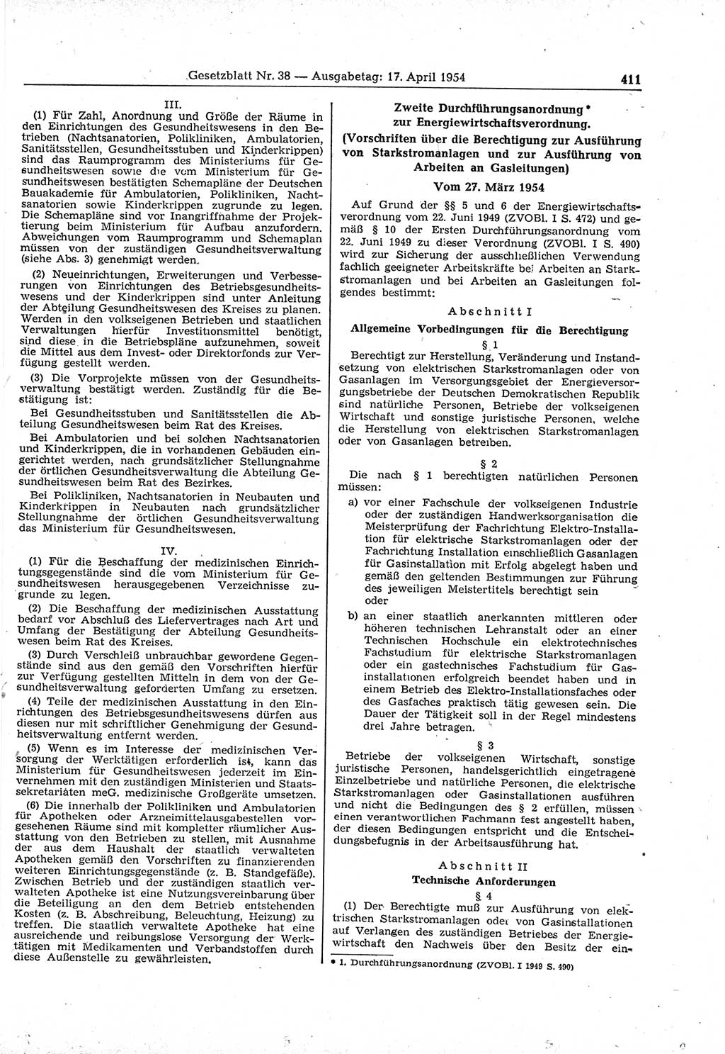 Gesetzblatt (GBl.) der Deutschen Demokratischen Republik (DDR) 1954, Seite 411 (GBl. DDR 1954, S. 411)