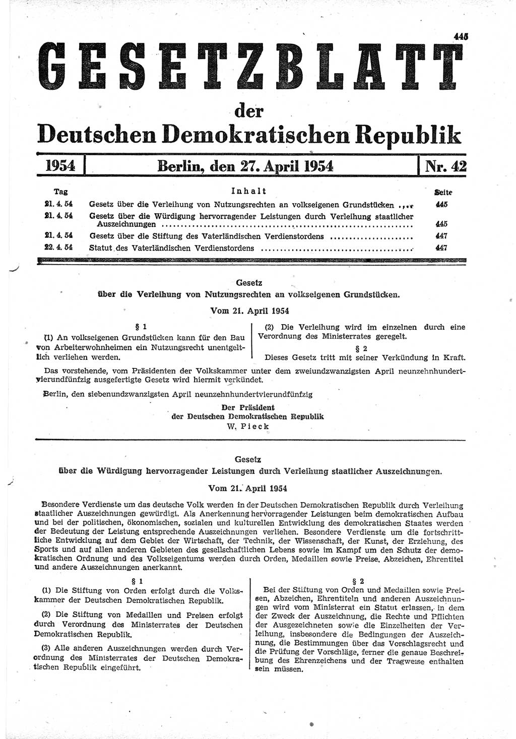 Gesetzblatt (GBl.) der Deutschen Demokratischen Republik (DDR) 1954, Seite 445 (GBl. DDR 1954, S. 445)