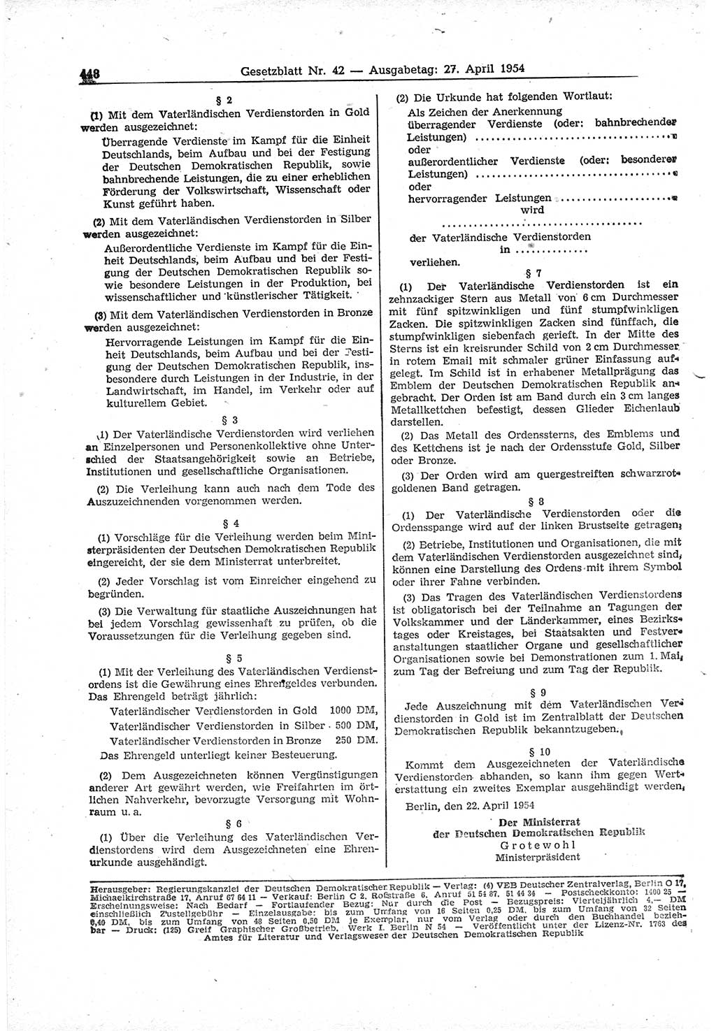 Gesetzblatt (GBl.) der Deutschen Demokratischen Republik (DDR) 1954, Seite 448 (GBl. DDR 1954, S. 448)