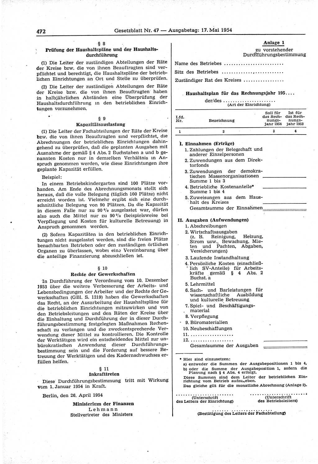 Gesetzblatt (GBl.) der Deutschen Demokratischen Republik (DDR) 1954, Seite 472 (GBl. DDR 1954, S. 472)