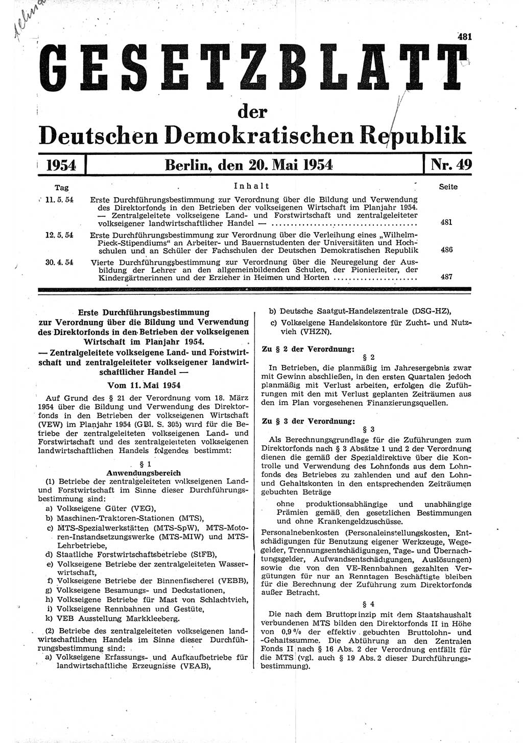 Gesetzblatt (GBl.) der Deutschen Demokratischen Republik (DDR) 1954, Seite 481 (GBl. DDR 1954, S. 481)